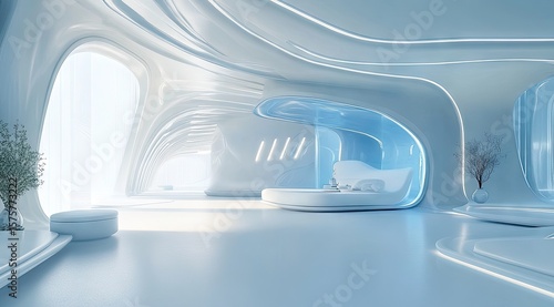 Sleek, futuristic interior with light-blue accents