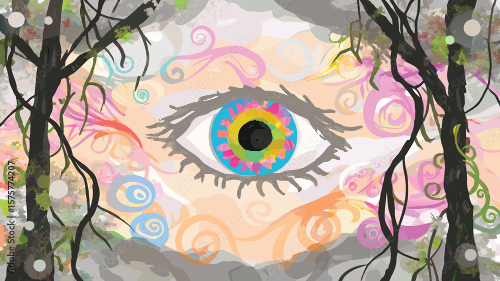 Fototapeta premium Abstract eye surrounded by trees and colorful swirls in a surreal landscape painting style art