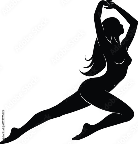 Silhouette of woman in yoga pose, elegant stretching figure, fitness female body illustration, healthy lifestyle vector, black outline artb