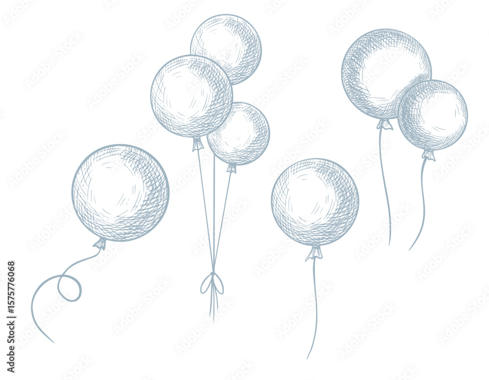 Obraz premium Vector illustration of helium Balloons. Drawing in outline style for childish party greeting cards or Baby shower invitations. Linear sketch for wedding celebration. Etching for stationary design.