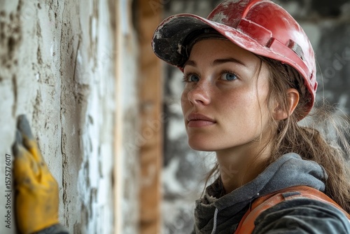 Female worker inspecting interior materials during a house reconstruction project, ensuring quality and progress in the renovation process, Generative AI
