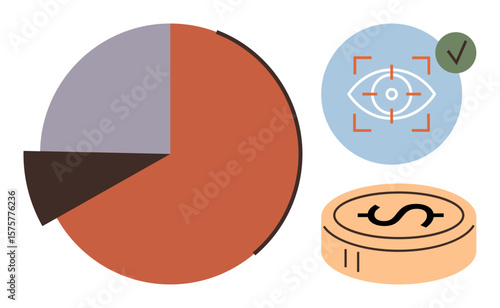 Pie chart data analysis, eye scanning focus icon for security, and coin for financial insight. Ideal for analytics, finance, security, business, technology strategy and innovation. Simple flat