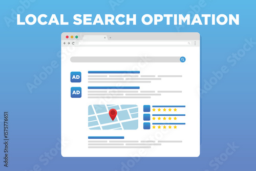 Local Search and Organic Results concept illustration. SEO optimization for SERP - search engine results pages concept vector illustration. Paid, Text-based ads and organic search result