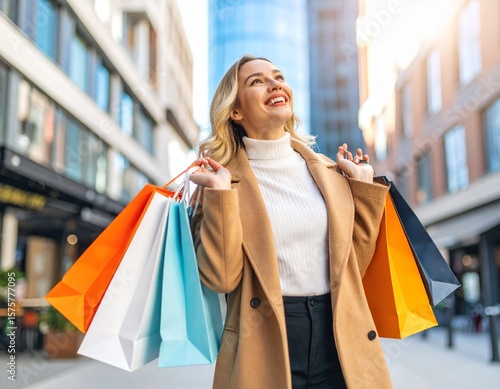 秋の街並みでショッピングバッグを持つ幸せな女性