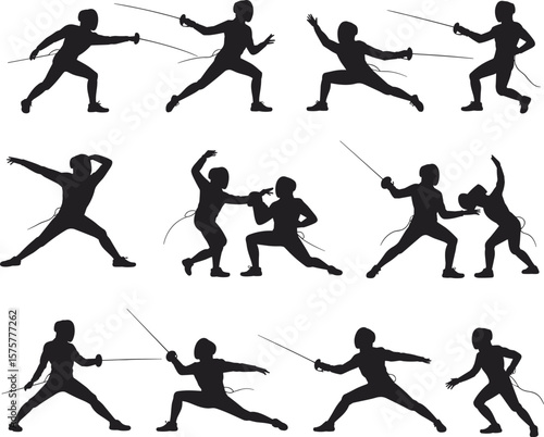 Fencing silhouette vector set, duel sport action poses, foil and epee fighters in combat, sword fighting athletes, isolated black graphic on white background