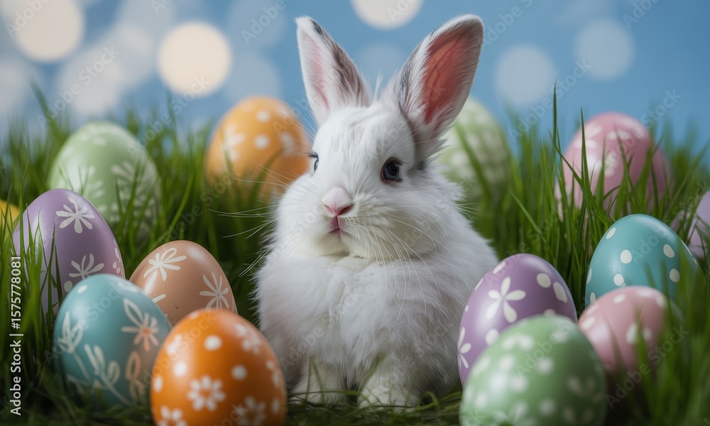 Fototapeta premium Fluffy white easter bunny sitting in green grass surrounded by colorful decorated eggs