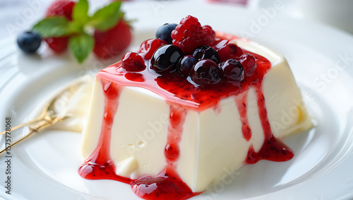 A creamy panna cotta, adorned with a medley of fresh berries and a luscious red sauce, sits elegantly on a white plate, showcasing the simplicity and elegance of italian desserts