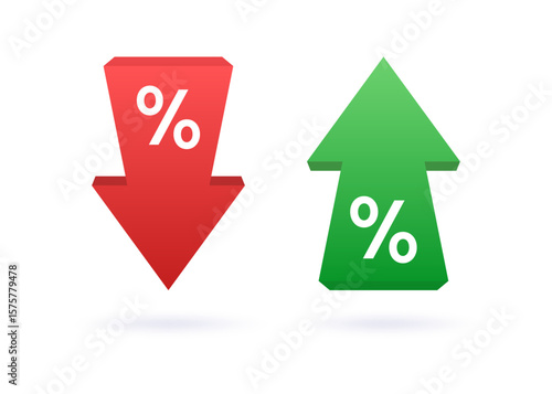 Percent arrow icon. Growth, increase, decrease arrow icons. Low price. Profit and loss trading of trader. Percentage with arrow up and dow. Green arrow up and red down arrow. Vector illustration
