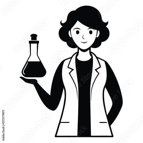 female scientist with short hair icon, vector symbol for lab research, STEM professions, and scientific education