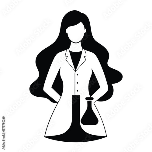 female scientist icon, vector symbol of long-haired researcher in lab coat for science, education, and healthcare fields