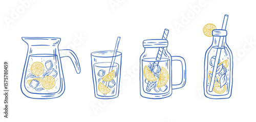 Set of home made lemonade with ice in glasses vector illustration. Summer Italian fresh drink. Citrus coctail