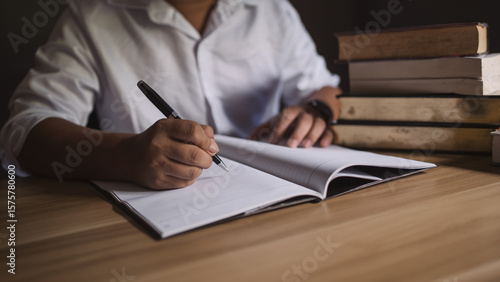 Fotografía Person writing in open book with pen at wooden desk