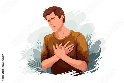 male holding his heart while in pain. Heart Attack, pain vector illustration