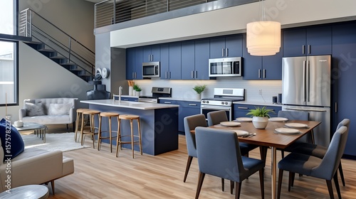 Wallpaper Mural Warm grey walls with indigo cabinetry kitchen, soft cream chairs, minimal abstract d?(C)cor in duplex loft house, open floor plan with upper-level view, Torontodigital.ca