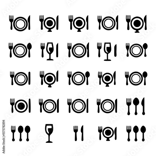 Food Service & Restaurant Pictogram Set – Plate, Fork, Spoon & Wine Glass Icons for Menu Design, Culinary Branding, and Hospitality Signage