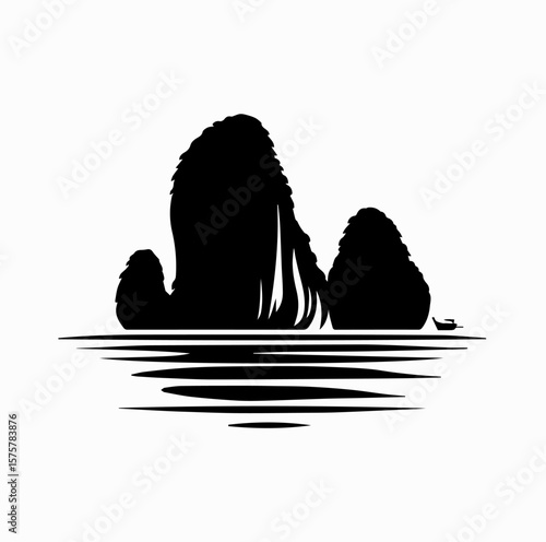 Minimalist Black Vector Logo of Limestone Karst Island with Calm Sea Line Isolated on White Background