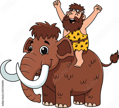 Cartoon caveman riding happy mammoth, prehistoric animal with tusks, funny tribal character, wild ice age creature, ancient jungle adventure