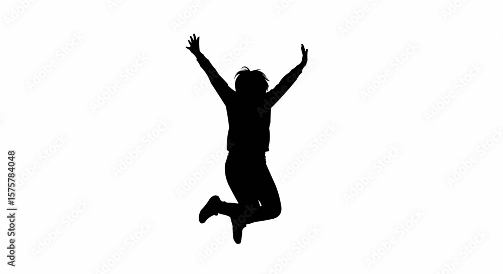 Silhouette of Happy Person Jumping Mid-Air – Joyful Pose Vector on White Background Silhouette of Happy Person Jumping Mid-Air – Joyful Pose Vector on White Background