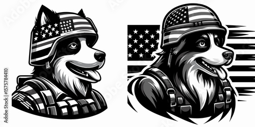 A Great Dane Dog wear american flag print soldier helmet. Independence Day 4th of July Patriotic Usa America Vector Clipart. Large canine in headgear with united state theme decor patriot.