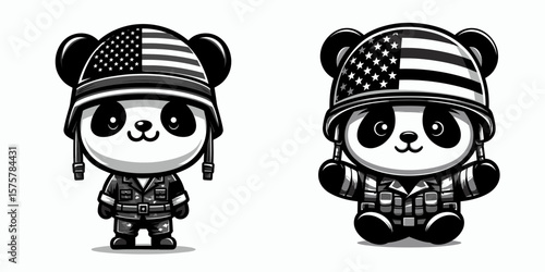 A Panda wear american flag print soldier helmet. Independence Day 4th of July Patriotic Usa America Vector Clipart. Bear in uniform hat with stars and stripes pattern headgear.