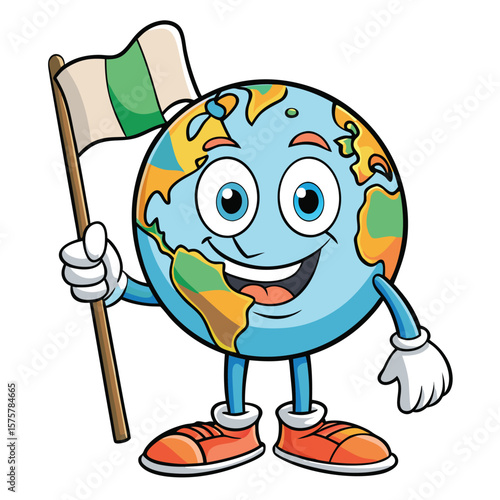 Cartoon earth globe character holding a flag