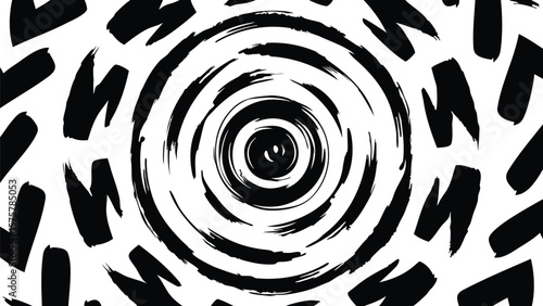 Abstract black and white vortex design with brush strokes and circular patterns creating depth effect