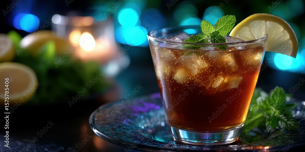 Refreshing iced tea garnished with mint and lemon on a dark background with vibrant bokeh Refreshing iced tea garnished with mint and lemon on a dark background with vibrant bokeh