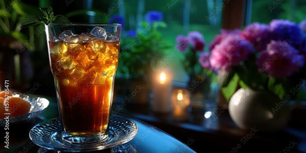 Refreshing iced tea served in a tall glass with ice, surrounded by blooming flowers and serene ambiance in the early evening Refreshing iced tea served in a tall glass with ice, surrounded by blooming flowers and serene ambiance in the early evening