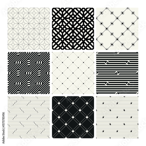 Vector seamless patterns set. Basic essential ornaments. Geometric backgrounds with thin linear and bold designs. Regular monochrome swatches. Basic versatile tileable grids.