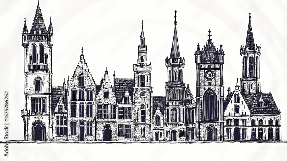 Obraz premium Detailed sketch of a historic city skyline.