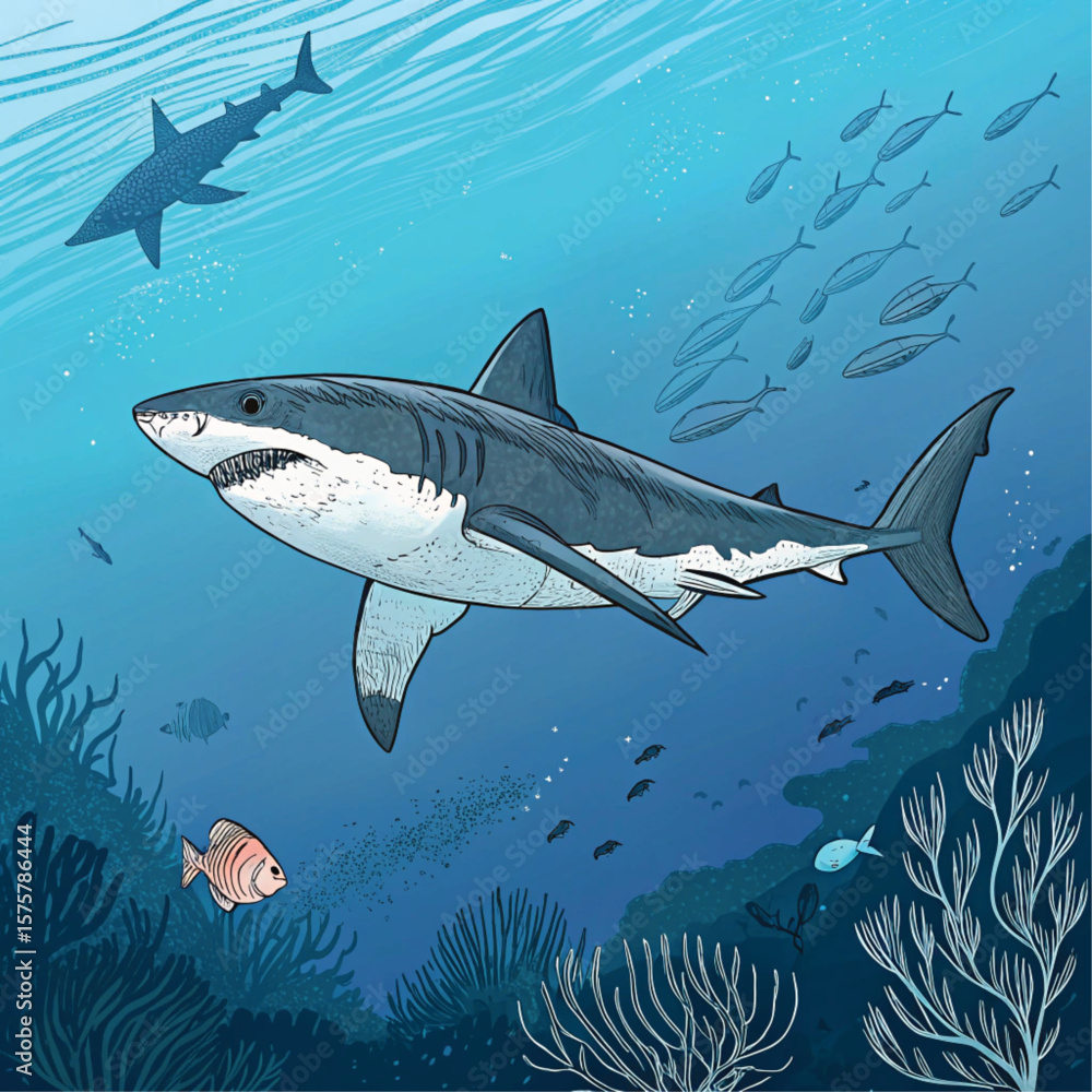 Fototapeta premium Great White Shark Swimming in Ocean with Fish and Coral