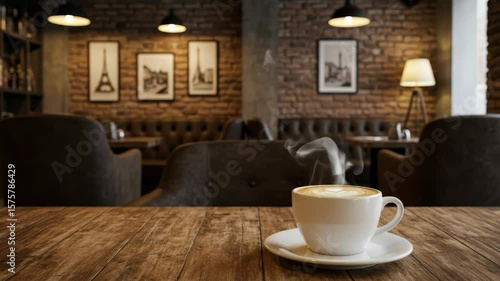 Wallpaper Mural Steaming Latte in Cozy Cafe - A steaming cup of latte art sits on a rustic wooden table in a dimly lit cafe. Torontodigital.ca