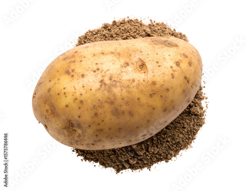 Potato on soil against black background