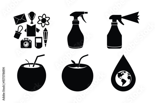 Assorted Black and White Iconography Presentation Featuring Spray Bottles, Fruit, and Earth Symbology in a Striking Arrangement