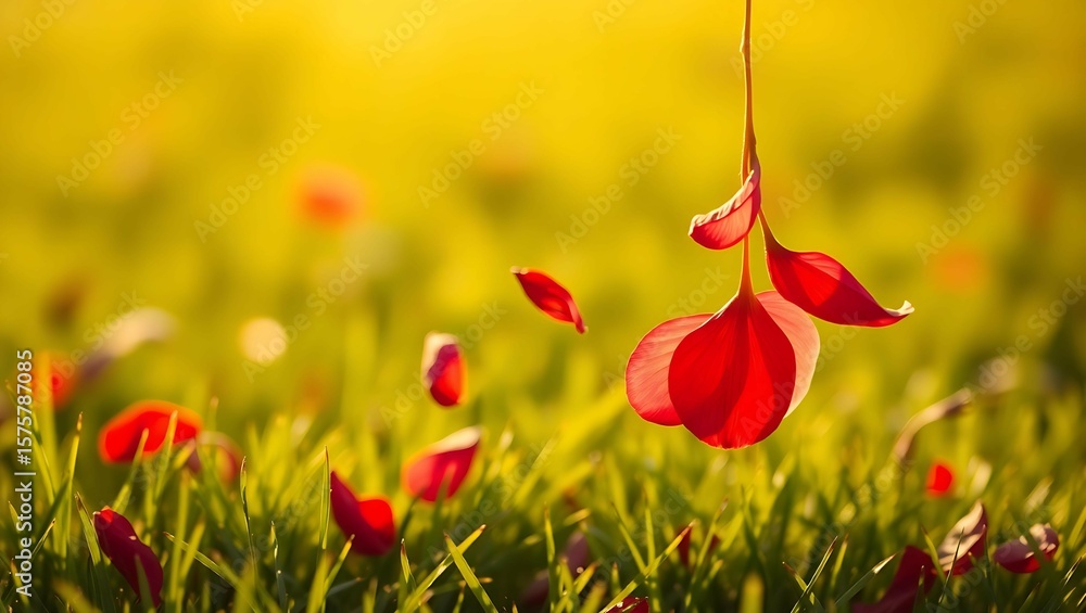Naklejka premium Floating red petals drifting above a soft-focus green field with warm sunlight in the background – poetic floral wallpaper for desktops, offering a romantic and calming nature-inspired visual atmosphe