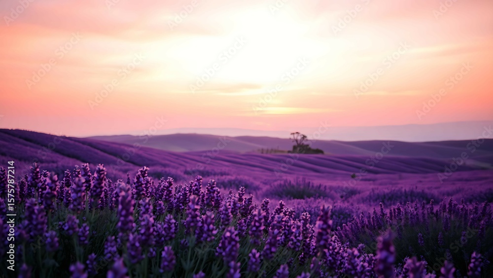 Obraz premium Wide view of rolling lavender fields beneath a soft pink twilight sky with wind-blown textures and a hazy horizon – soothing romantic floral wallpaper perfect for desktop backgrounds and scenic design