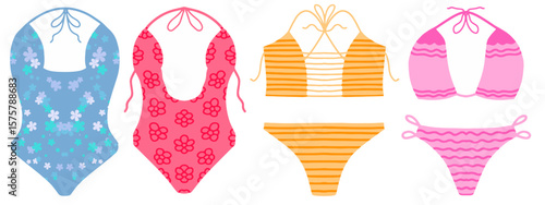 Swimsuit collection vector illustration. Womens colorful bikini, stylish bras and panties set