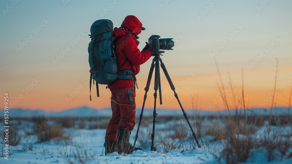 Fototapeta premium Photographer in winter attire capturing landscape with camera on tripod during sunset