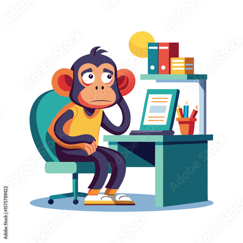 Funny Monkey Daydreaming at Office Cubicle with Feet on Desk, Humorous Business Animal Character Vector Illustration for Productivity, Workplace Humor.