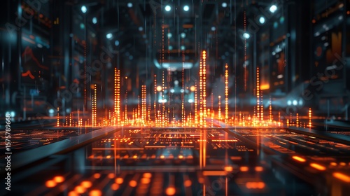 Futuristic digital cityscape with glowing orange data streams.