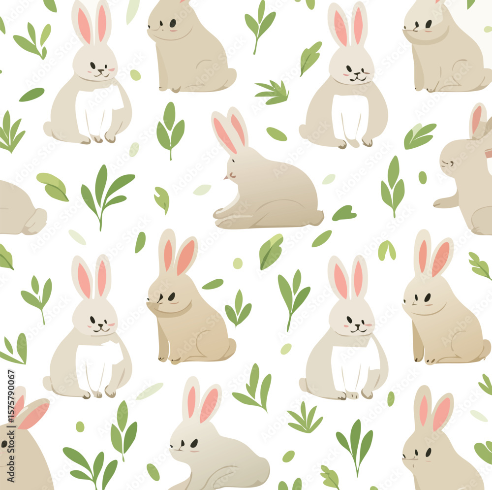 Obraz premium Repeating pattern of white rabbits in pastel background with leafs