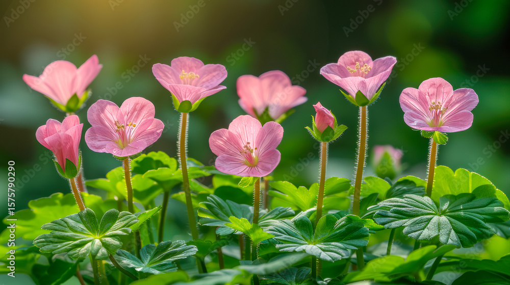 Delicate pink flowers blooming amidst lush green foliage in a serene natural setting Delicate pink flowers blooming amidst lush green foliage in a serene natural setting