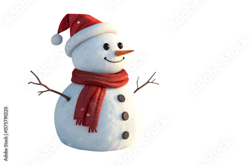 Charming snowman wearing a red santa hat and scarf with twig arms and button eyes smiles happily