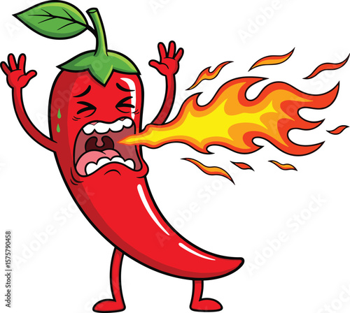 Funny cartoon chili pepper character breathing fire, hot spicy red pepper illustration, humor food concept, vegetable with flame expression