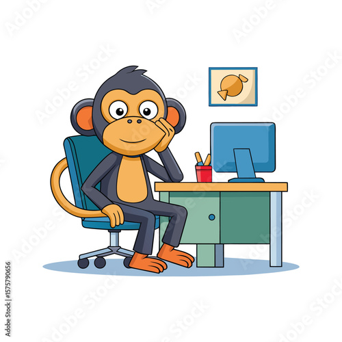 Funny Monkey Daydreaming at Office Cubicle with Feet on Desk, Humorous Business Animal Character Vector Illustration for Productivity, Workplace Humor.