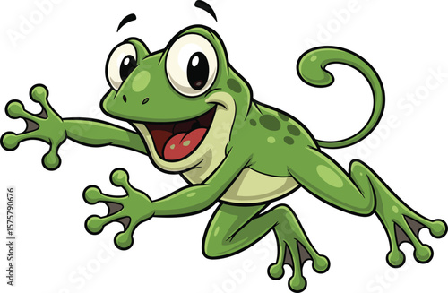 Happy cartoon green frog jumping with big eyes and wide smile, playful amphibian character, kids animal mascot, jungle fun illustration