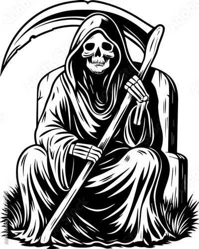 SVG of a female grim reaper with a haunting skull design. Grim Reaper Sitting on Tombstone with Scythe and Skull Face