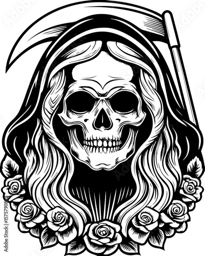 SVG of a female grim reaper with a haunting skull design. Grim Reaper Illustration with Roses and Scythe in Monochrome Style