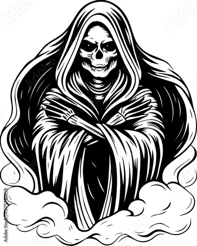 SVG of a female grim reaper with a haunting skull design. Grim Reaper Illustration with Hooded Cloak and Skull Face