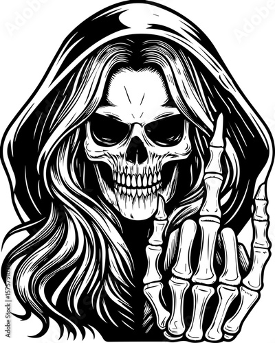 SVG of a female grim reaper with a haunting skull design. Mysterious Woman with Skull and Skeleton Hand in Black and White Art